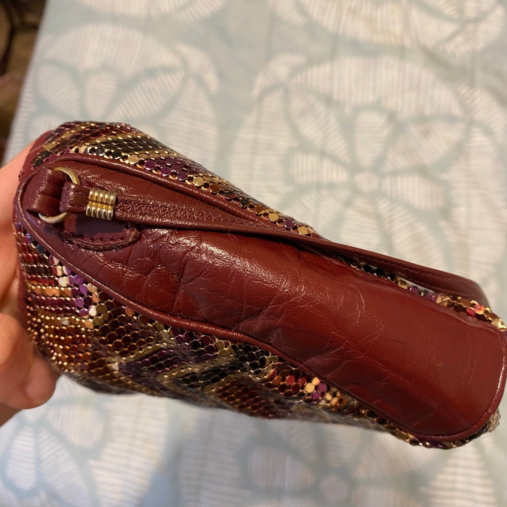 Vintage Whiting And Davis Purse Plum Metallic Leather Chevron Crossbody Bag - Picture 7 of 7